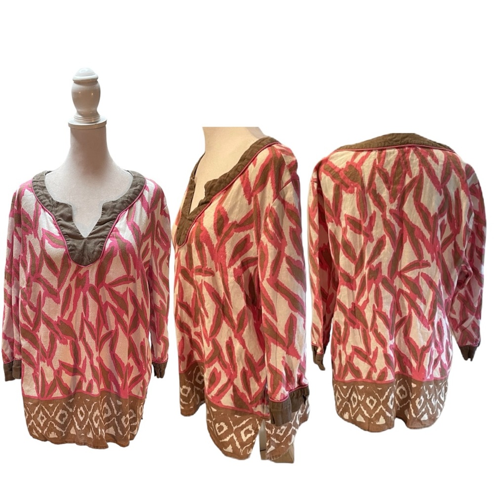 JM Collection Pink, Brown & White Abstract Print 100% Linen Tunic Size 14